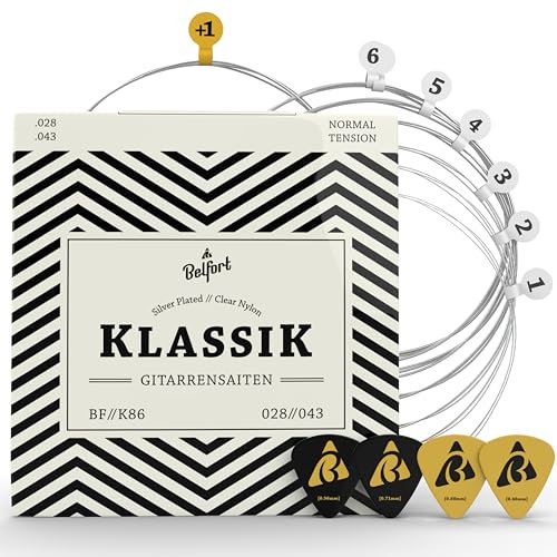 BELFORT® Set di Corde per Chitarra Classica in Nylon (Set da 6) Muta di Corde Chitarra Acustica - 4 Plettri, Corda Mi Extra e eBook Inclusi - Accessori per Chitarre Classiche (Guitar Strings)