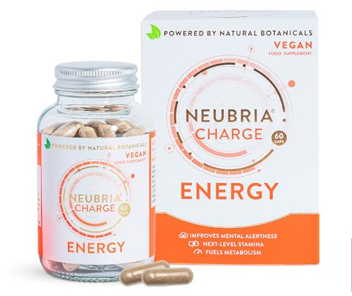NEUBRIA Charge Energy & Brain Supplement – Nootropics for Adults with Guarana, Ginseng Blend, Green Tea, Vitamins B6, B12 & L-Theanine – Gym & Workout Formula for Women & Men – 60 Vegan Capsules