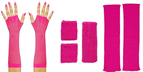 Panelize 80er Jahre Set Damen Neon pink Beinstulpen Handschuhe kurz oder lang mit Stirnband und Schweißbändern (Handschuhe Lange)