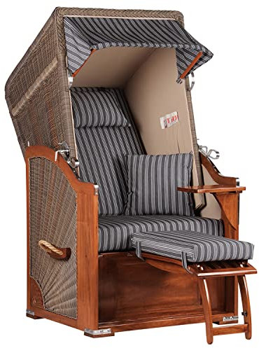 MR. DEKO® Strandkorb Seeblick Single Mahagoniholz 1-Sitzer | PE Geflecht Grey | Volllieger verstellbar mit Fußablage | inkl. 2 Kissen & Wechselpolster | Strandkörbe fertig montiert | Bezug Dessin 500
