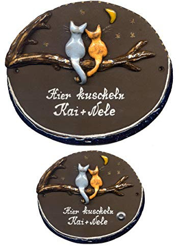 2 Kätzchen-2 Katzen auf Ast-Keramikschild-Türschild-Klingelschild-Namensschild-Schild-205 x 175 mm-von Hand gefertigt-Incl. Beschriftung-Mit, oder ohne Klingel (6925 incl. Text-Ohne Klingelkontakt)