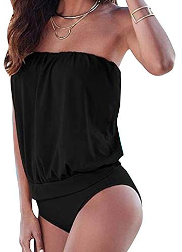Dam baddräkt bandeau bikini badkläder axelbandslös baddräkt, Svart, M