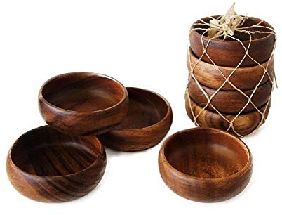 Handgefertigte Teller aus Akazienholz, geschnitzt, Set mit 4 Kalebassenschalen, Größe 10,2 cm (rund)