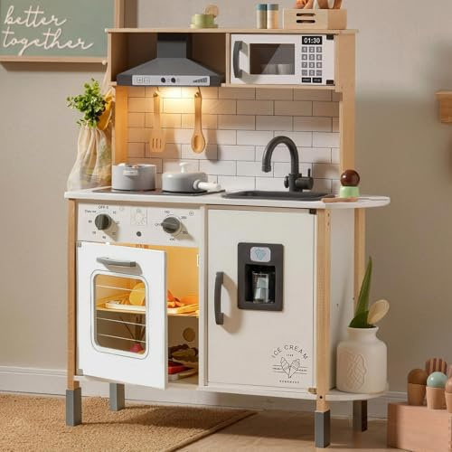 Tiny Land Play Kitchen for Kids, Wooden Kids Play Kitchen Playset Chef Pretend Play Set for Toddlers with Real Lights & Sounds, Toys Kitchen with 18 Pcs Toy Food & Cookware Accessories