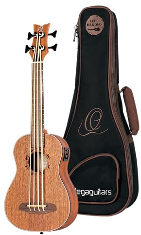 Ortega Guitars Bass Ukulele Linkshänder – Elektro-Akustisch – Lizard Series – Inklusive Gig Bag – Mahagoni, Natur (LIZZY-BS-GB-L)