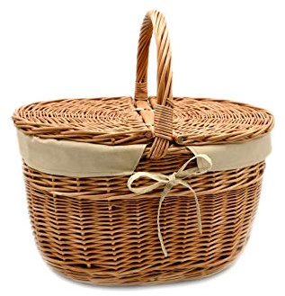 MyBer® Shoppingkorg korg picknickkorg bärkorg med 2 lock pilkorg helt flätad med tyginlägg K12-027-SB