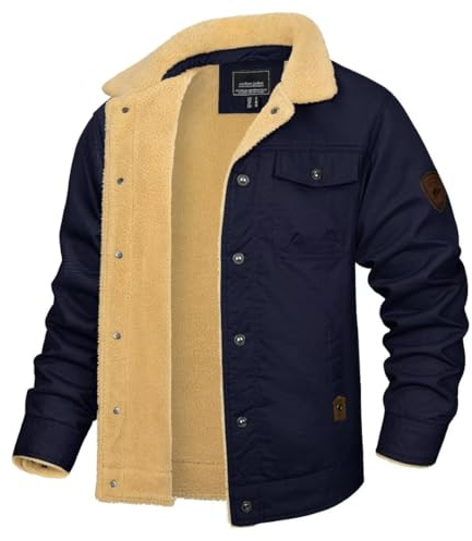 KEFITEVD Winterjacke Herren Baumwolle Sherpa Thicken Fleece Trucker Jacken | Baumwolle, Sherpa Gefüttert, Warm, 5 Taschen (2 Klappen, 2 Reißverschluss, 1 innen), Knopfleiste, Für Arbeit und Freizeit