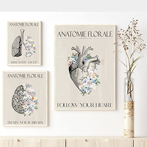 SHINERING Poster Retro Anatomia Floreale, Cuore, Cervello, Polmone, Fiore Pastello, Stampa Bohémien, Parete Anatomica Tela Pittura Poster Arte Moderna 50*70 cm Con Cornice