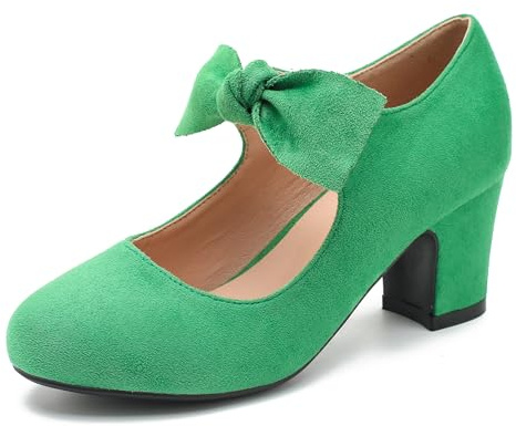 Women's Bow Mary Jane Low Block Chunky Heels Pumps Round Toe Low Heels Ankle Strap Wedding Dress Evening Party Shoes Green Suede 43-10US