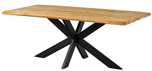 MASSIVMOEBEL24.DE | Seattle Esstisch Wildeiche | 200x100 | Eiche naturfarben mit Metall Kreuzgestell schwarz | geölter Küchentisch aus Massivholz | Tisch für Esszimmer, Küche, Lounge