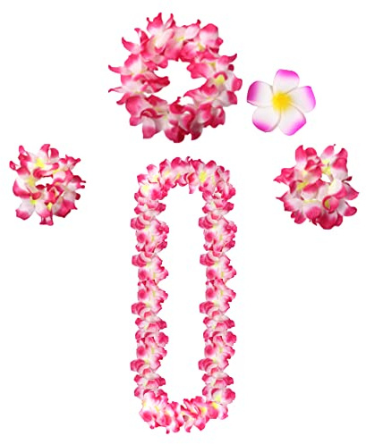 duoyif Blumenkette Deko 5Pcs Hawaiian Ketten Luau Leis Mit Blumen Halskette Stirnband Armband Haarclips, Blumengirlande Blumen Ketten FüR Karnevals Weihnachten Ostern Strand Party Geburtstag (rosa)