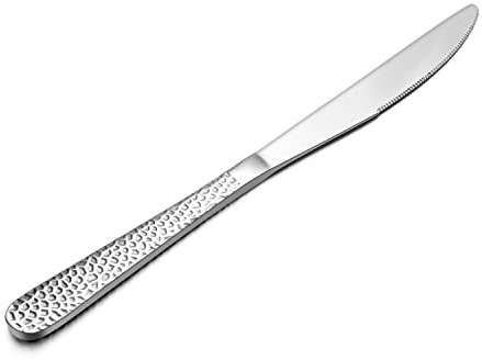 E-far Dinner Knives Set of 12, Stainless Steel Hammered Serrated Table Knife for Home Kitchen Restaurant, Mirror Polished & Dishwasher safe-8.9 Inches