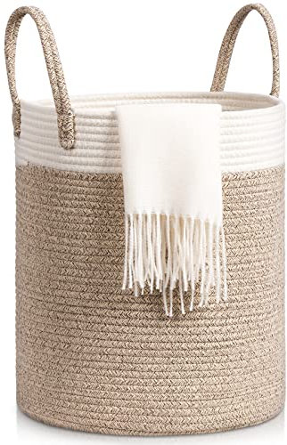 Tesmien Laundry Basket, Toy Storage Basket for Kids Baby, Large Foldable Woven Storage Baskets Cotton Rope Blanket Baskets with Handle,Organiser Nursery Decor Laundry Hamper, Khaki+White (35x40cm)