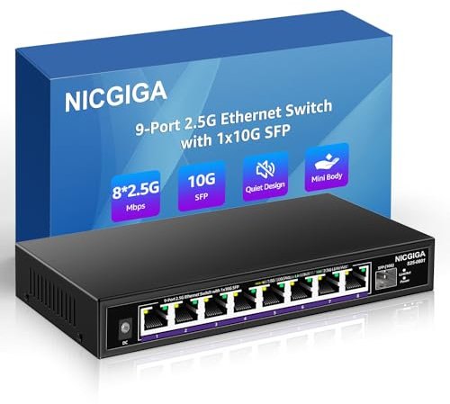 8 Port 2.5G Ethernet Switch with 10G SFP Uplink, NICGIGA Unmanaged 2.5Gb Network Switch, Plug & Play, Desktop/Wall-Mount, Fanless Metal Design.