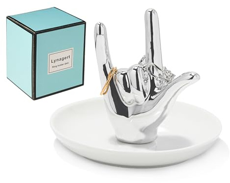 Lynagert I LOVE YOU Hand Ring Holder Ring Dish Ceramic Jewelry Holder Dish Trinket tray for Rings Earrings Necklace Organizer, Engagement Wedding Ring Holder, Christmas Birthday Gifts (Silver)