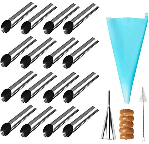 AMBESTAR Cannoli Tubes Set, 25 Pack Large Cannoli Forms with Cleaning Brush, Reusable Silicone Piping Bag and Long Piping Tip, Stainless Steel Kitchen Tool DIY Dessert Supplies