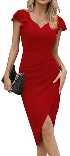 Missufe Cocktailklänning för damer, omlottklänning, festklänning, midiklänning, sommarklänning, elegant, bodycon, vintage, volangklänning, klänningar, röd, XS