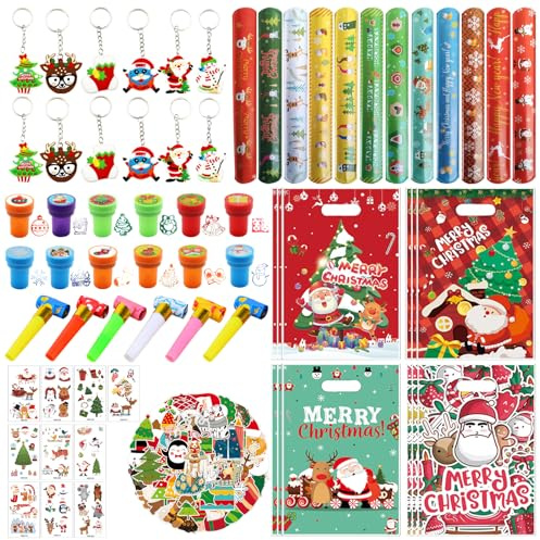 Weihnachten Party Mitgebsel, 120 Stück Weihnachtsgeschenke für Kinder-Weihnachten Geschenktüten, Tattoo, Weihnachtsaufkleber, Stempel Weihnachten, Schlüsselanhänger, Schlagarmbänder, Partypfeifen