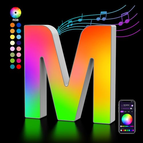 Lettere Luminoso con USB, APP Controllo Luci LED di Lettera Alfabeto, Figura a Cuore con Luce Colorate RGB per Decorazione e Atmosfera, Festa della Mamma, Pasqua, Compleanni, Matrimoni, Vetrine - M