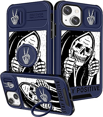 Pegmode (2in1 for iPhone 13 Case/for iPhone 14 Case for Women Cute Skeleton Skull Girls Phone Cases Gothic Funny Design with Camera Cover+Ring Holder Teens Unique for Apple 13/Apple 14 Cover 6.1''