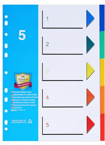 [10 Stück]5-teiliges Register für Ordner A4 1-5,PP Ordner Trennblätter | für Schule, Büro