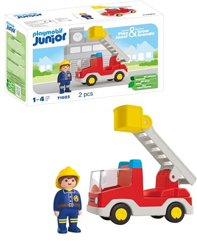 PLAYMOBIL 71683 JUNIOR: Ladder Unit Fire Truck, with extendable ladder and firefighter, sustainable toy made from plant-based plastics, gifting toy, play sets suitable for children ages 1+