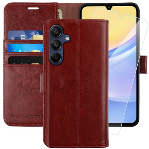 MONASAY Wallet Case Compatible for Samsung Galaxy A15, [Included Glass Screen Protector][RFID Blocking] Flip Folio Leather Cell Phone Cover with Credit Card Holder, Burgundy