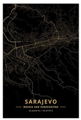 Sarajevo Bosnien und Herzeg Stadtkarten-Poster, Leinwand-Poster, Wandkunst, Dekordruck, Bild Gemälde für Wohnzimmer, Schlafzimmer, Dekoration, ungerahmt, 40 x 60 cm