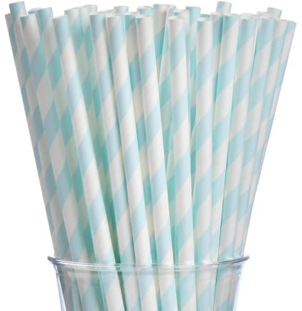 VITEVER 100 Stück Hellblau-Weiß Gestreifte Papierstrohhalme, Dauerhaft Recycling Trinkhalme Papier für Weihnachten, Geburtstag, Neujahr, Party-Deko-Zubehör