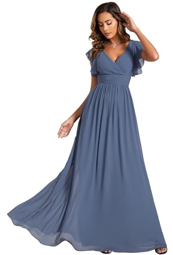 Ever-Pretty Damenkleid mit rückenfreiem Rücken, geraffte Ärmel, Chiffon, V-Ausschnitt, plissiert, elegante Brautjungfernkleider, ES01819-P