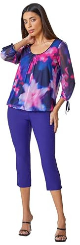 Roman Originals Cropped Trousers for Women UK Ladies Capri Leggings Summer Pants Short Crop Stretch 3/4 Length Three Quarter Pedal Pusher Clothes Elasticated Bengaline Cut Off - Violet - Size 10