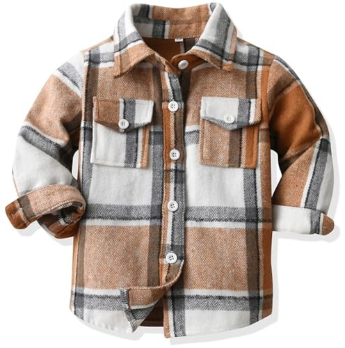 Yaopelky Toddler Boys Flannel Plaid Shirt Kids Long Sleeve Button Down Jacket Lapel Pocket Top Regular Fit Casual Fall Clothes