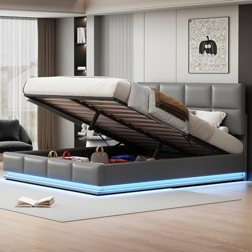 Kayan Polsterbett 180x200 mit LED-Beleuchtung, Bettgestell mit Lattenrost und verstellbares Kopfteil, Hydraulisches Doppelbett mit Großer Stauraum, Kunstleder, ohne Matratze (Hellgrau)