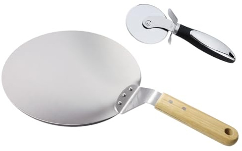 Abiyou Pizzaschieber mit Holzgriff, Pizzaschaufel Edelstahl Senden Pizzaschneider, 10 Zoll Pizzaschieber Perforiert, Runder Pizzaschieber, für Backen von Hausgemachter Pizza, Brot, Keksen und Kuchen