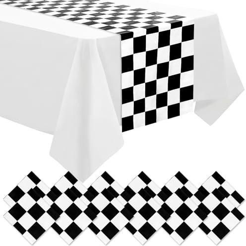 DEMIUKO 12 Stück Karierter Tischläufer Schwarz Weiß Zielflagge Tisch Läufer | Party Tischdekoration, Kinder Geburtstag Party, Plastik Einweg Tischläufer, Rennkariert Deko, 35x274 cm