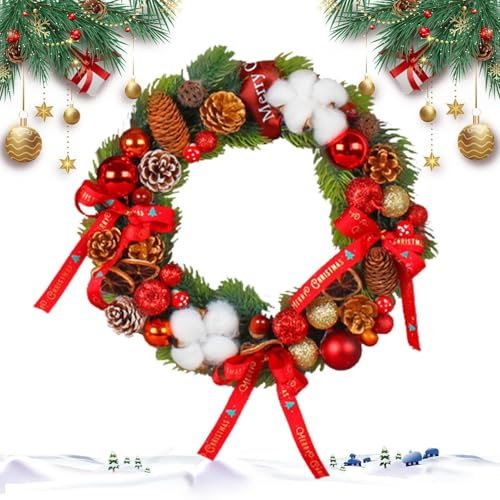 Outdoor Weihnachtskranz Tannenzapfen Weihnachtsgirlande Urlaub Türkranz Künstlicher Weihnachtskranz mit Schleife Weihnachtskranz für Zuhause Weihnachtskranz mit Kugeln
