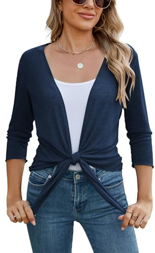 Famulily Women's Shrugs Summer Lightweight Cardigans Tie Front 3/4 Sleeve Sheer Tops (M, Blue)