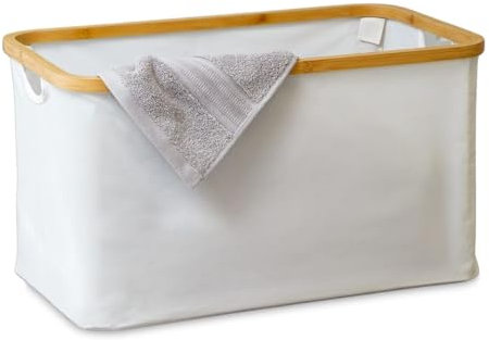 Bamboo Rim Laundry Basket, Lightweight Foldable Storage Bin with Natural Bamboo Rim, Stylish White Polyester Fabric, Perfect for Clothes, Towels & General Storage, 45x30x24cm