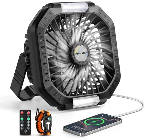 Ventilateur Camping,Ventilateur USB Silencieux 10000 mAh Avec Lumière, Crochet et Bracelet en Paracorde, 4 Vitesses deVentilation, 3 Réglages de Minuterie Pour le Camping, Les Voyages, la Plage(Noir)