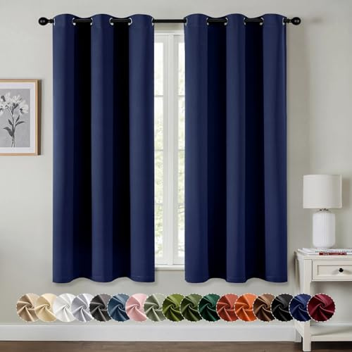 MIULEE Navy Blue Blackout Curtains for Bedroom Living Room 63 Inches Long 2 Panels, Thermal Insulated Room Darkening Drapes Grommet Noise Reducing Light Blocking Window Treatments 40x63 Inch