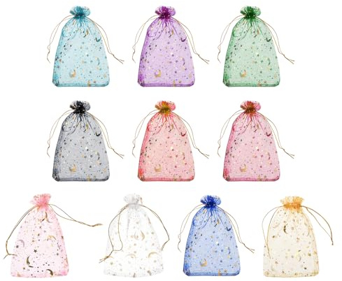 QUARKZMAN Bolsa de Organza, 10 x 15cm Bolsas de Regalo con Corón, con Patrón de Estrella, Bolsitas Regalos Pequeñas para Fiesta, Joyas, Dulces, Bodas Multicolor-Dorado 50Pcs