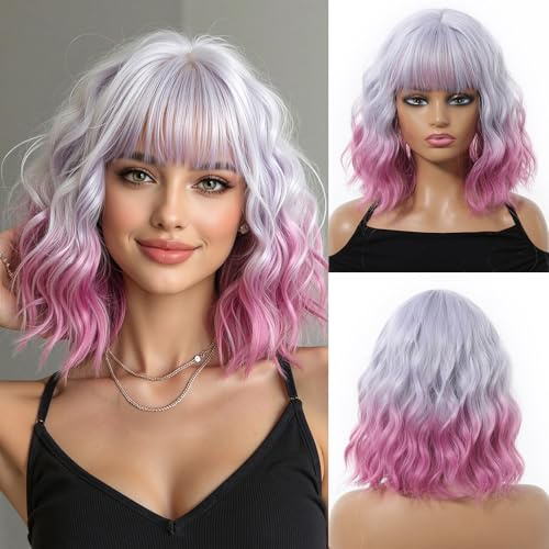 OUFEI ombré ljuslila bob-peruker för kvinnor Kort vågig peruk med lugg och mörka rötter Naturligt syntetiskt hår Värmetåliga peruker för daglig användning, fest och cosplay