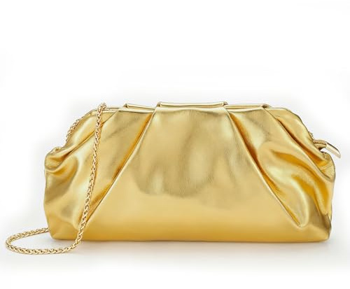 Faletony Gold Clutch Bags for women soft vegan Leather Evening Purse Pleated Bag with Chain Strap Parties