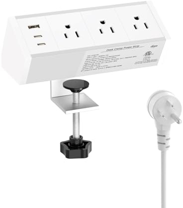 Tecmojo Desk Clamp Power Strip 3 Outlet with 1 USB A and 2 USB C Ports, 6 ft Cord, Desk Outlet Station Fit 1.6 Tabletop Edge, ETL Listed, White