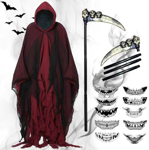 Death Halloween Costume, Halloween Cloak with Hood, Zombie Scars Tattoos and Sickle, Halloween Reaper Costume, Adult Reaper Costume, Halloween Costumes Women and Men (Red)