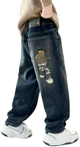Generisch Pantalon de sport pour enfant garçon - Jean baggy - Jambes larges - Taille élastique et plusieurs poches - Pantalon cargo en denim pour enfants, bleu, 13-14 ans