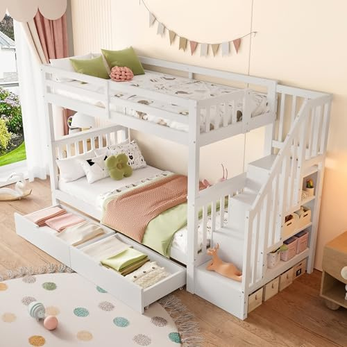 Ligterra Kinderbett 90x200 Etagenbett Hochbett Jugendbett Stockbett mit Treppenregal & 2 Schubladen Hohes Geländer