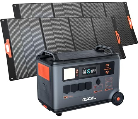 Stazione di energia portatile OSCAL PM3600+2*PM400, Batteria di riserva domestica LFP 3600Wh, Carica completa 1.2H, Generatore solare per campeggio, camper, con 2 pannelli solari 400W