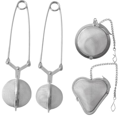LOORGVEL 4 Pcs Stainless Steel Tea Leaker and Tea Strainer Set with Handle Heart Round Shapes 4.5cm 5.0cm Suitable for Herbs and Spices for Home and Soup Cooking
