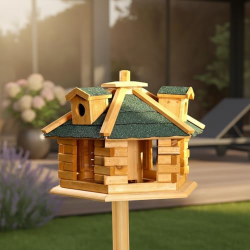 Mucola Vogelhaus aus Holz – Vogelvilla mit Gauben & Bitumenschindeldach 48×48×33 cm Futterspender im Schornstein, große & kleine Einflugöffnungen, Vogelfutterhaus für Garten, Balkon & Terrasse